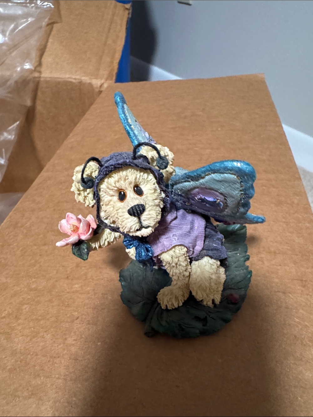 Porcelain Teddy Fairy Figurine in Purple and Blue - Decorative Pet-Themed Accent
